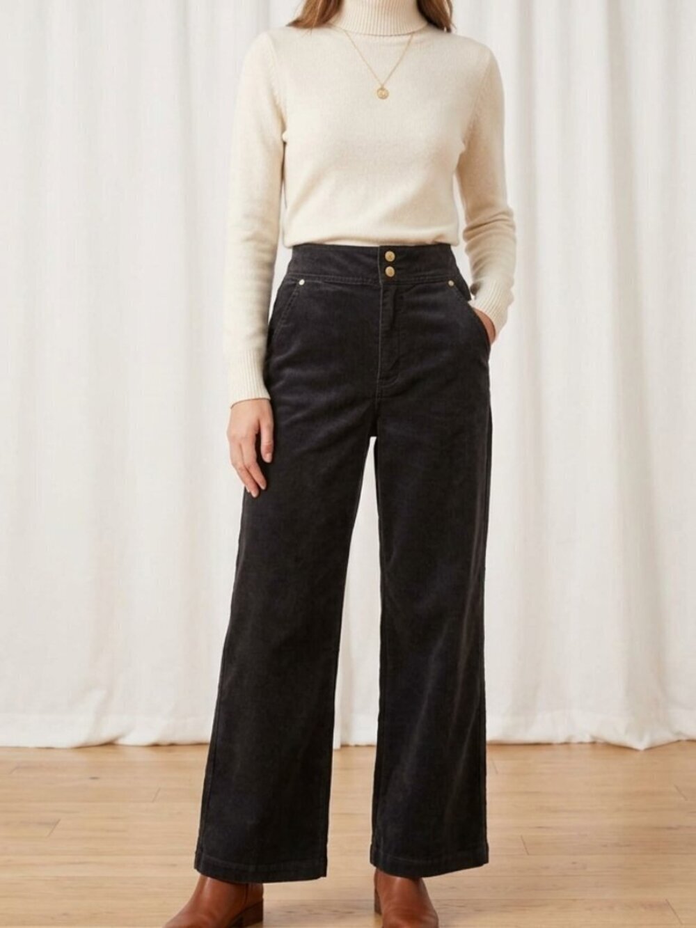 Chico's 1.5 M Black Luxe Corduroy Velveteen Wide Leg Five Pocket Zip Front Pants